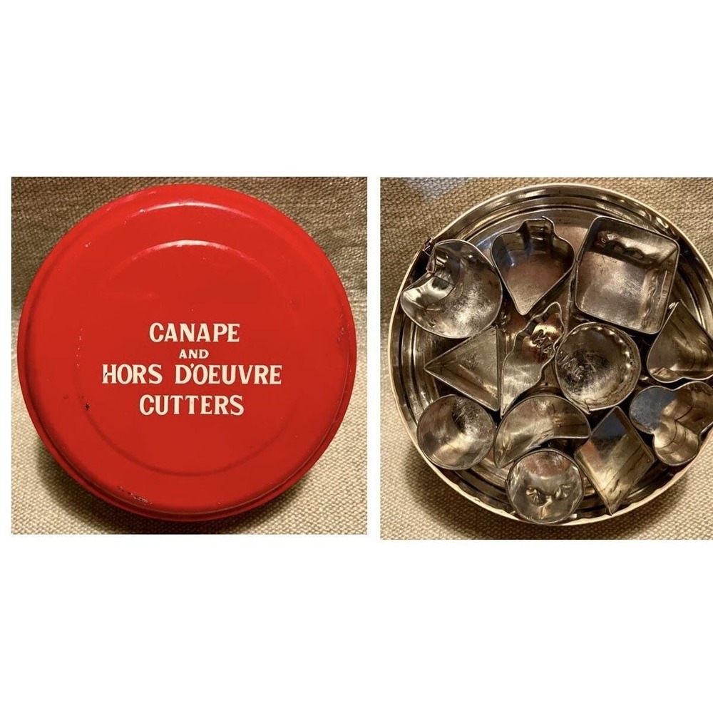 Vintage Canape Hors D'oeuvre Cutters Set 12 Piece Metal Tin Made in Japan Red